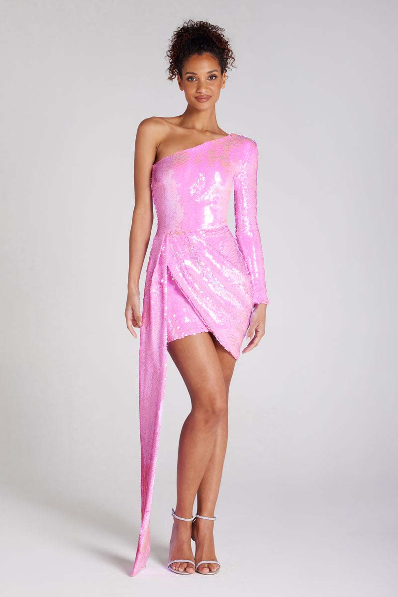 H5492 - One Shoulder Long Sleeves Ruched Sequined Sheath Mini Homecoming Dress