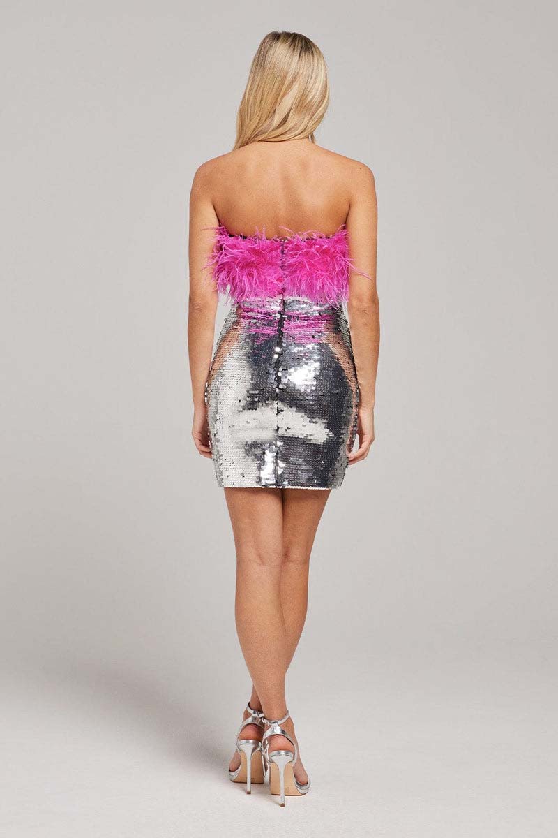 H5494 - Strapless Sleeveless Feather Sequined Sheath Mini Homecoming Dress
