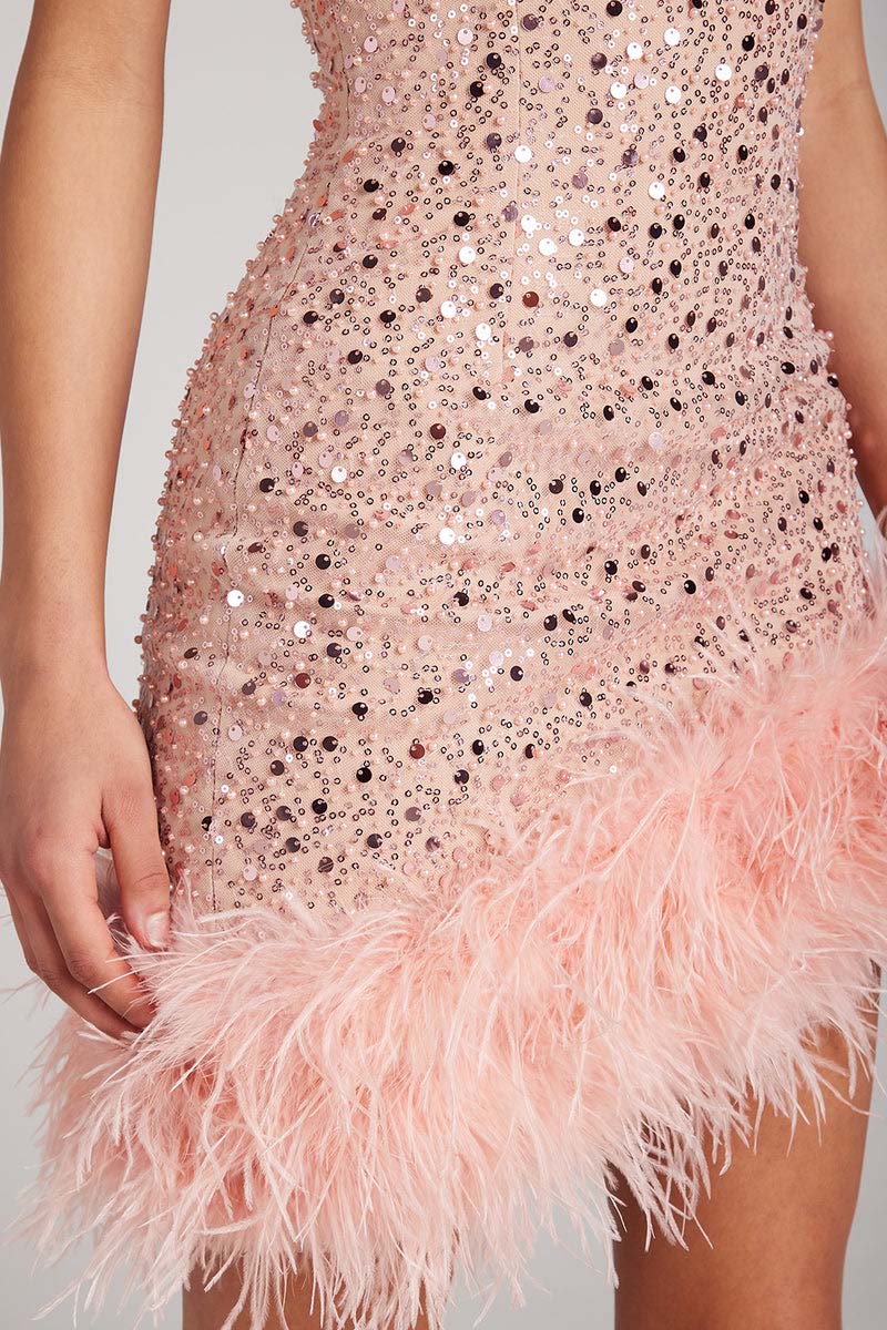 H5496 - Scoop Sleeveless Sequined Feather Sheath Mini Homecoming Dress