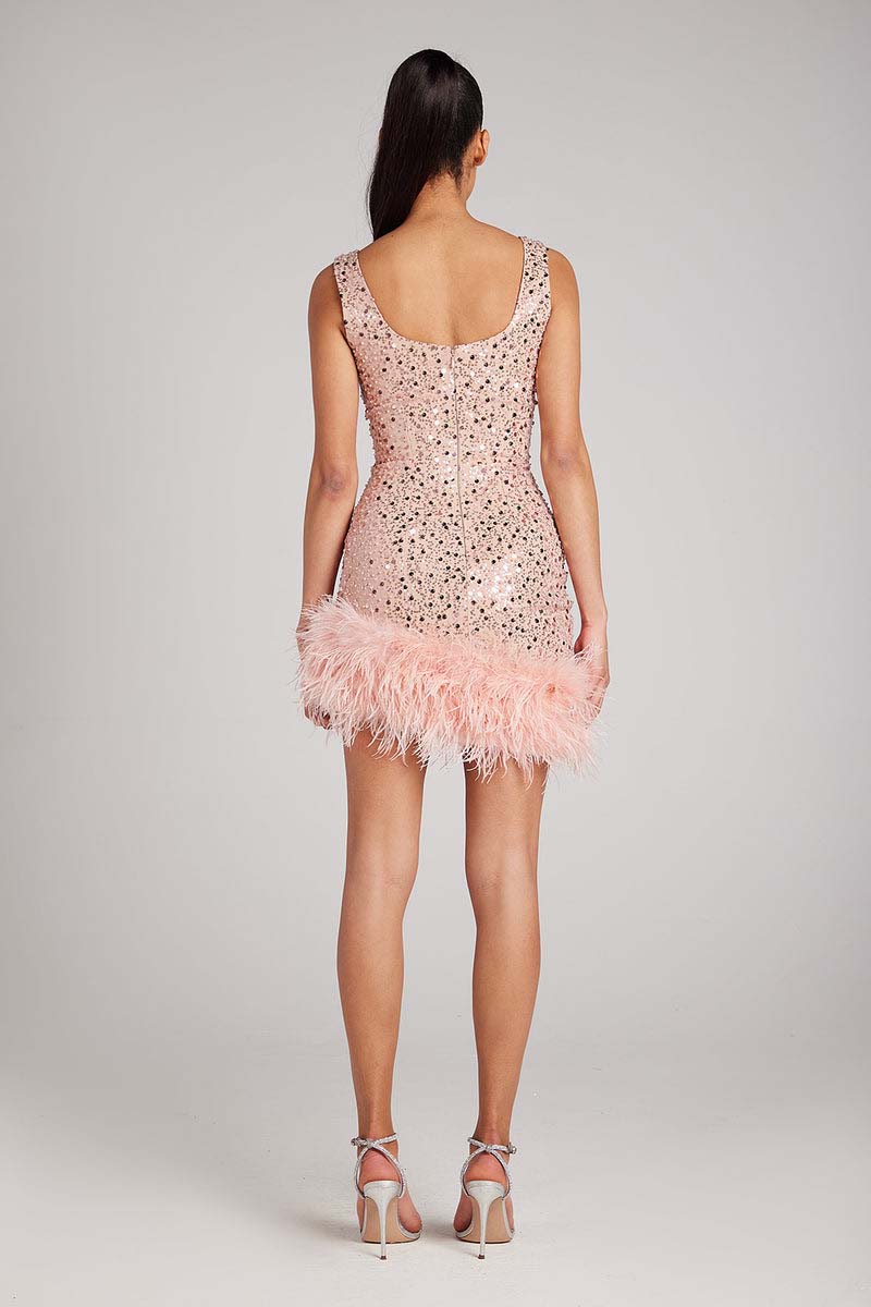 H5496 - Scoop Sleeveless Sequined Feather Sheath Mini Homecoming Dress