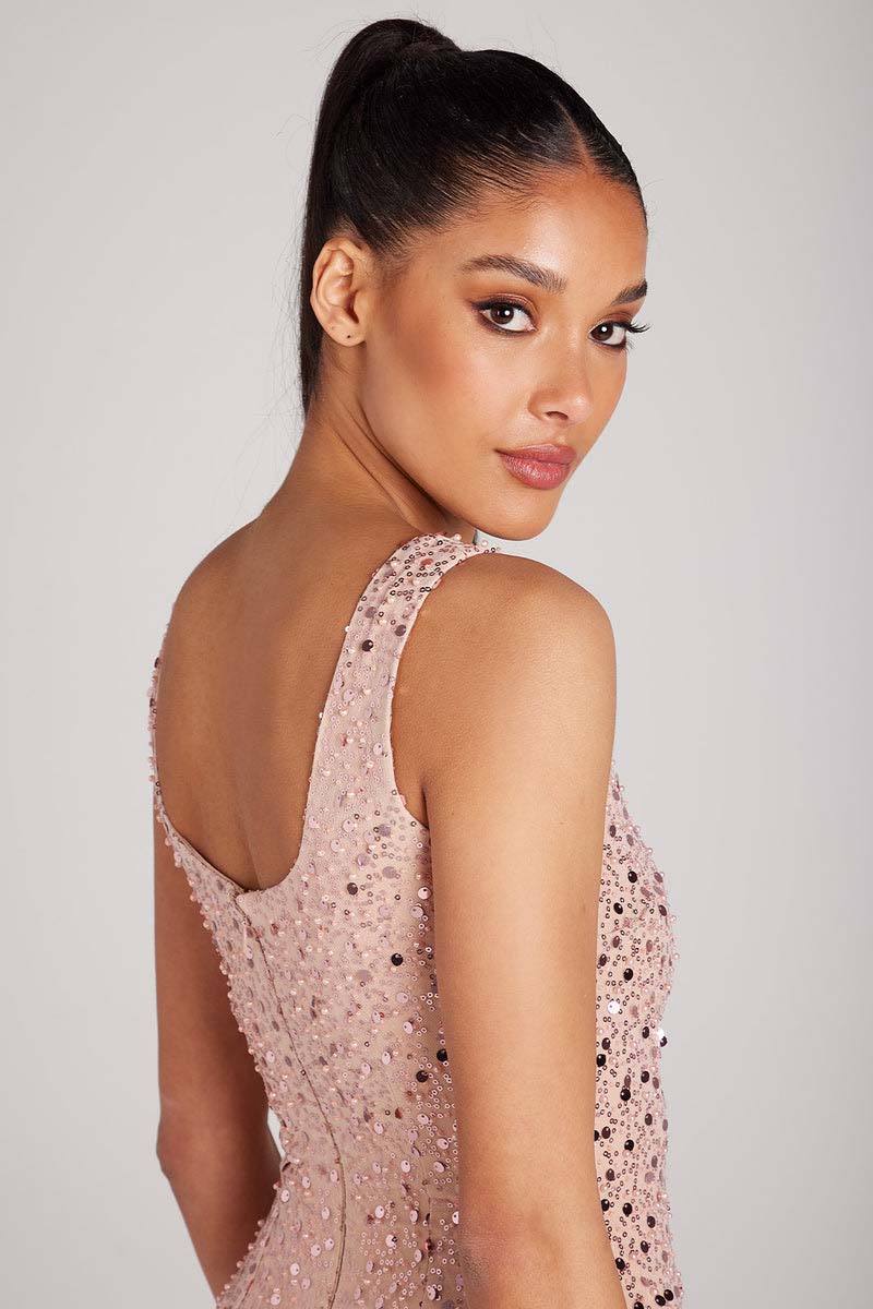 H5496 - Scoop Sleeveless Sequined Feather Sheath Mini Homecoming Dress