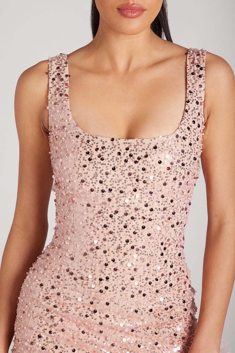 H5496 - Scoop Sleeveless Sequined Feather Sheath Mini Homecoming Dress