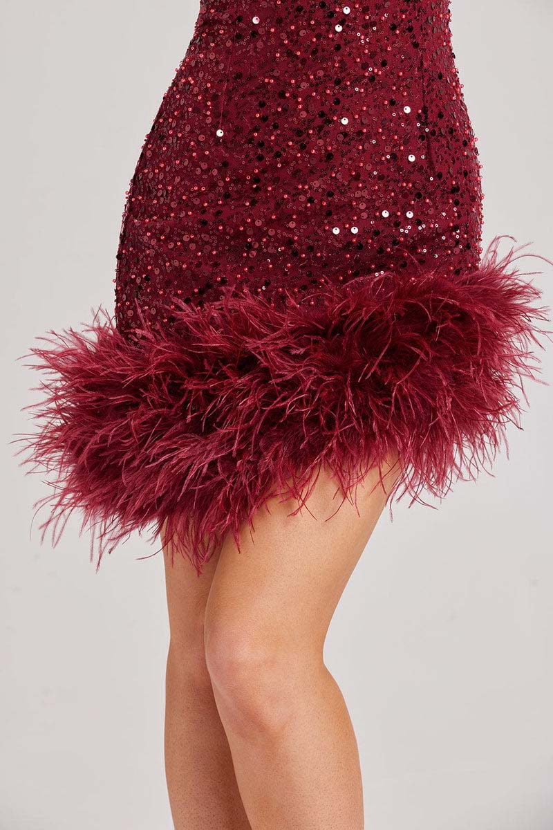 H5497 - Scoop Sleeveless Sequined Feather Sheath Mini Homecoming Dress