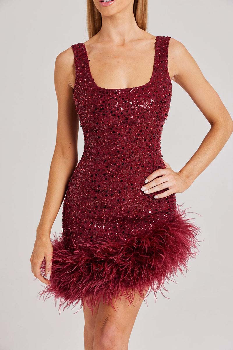 H5497 - Scoop Sleeveless Sequined Feather Sheath Mini Homecoming Dress