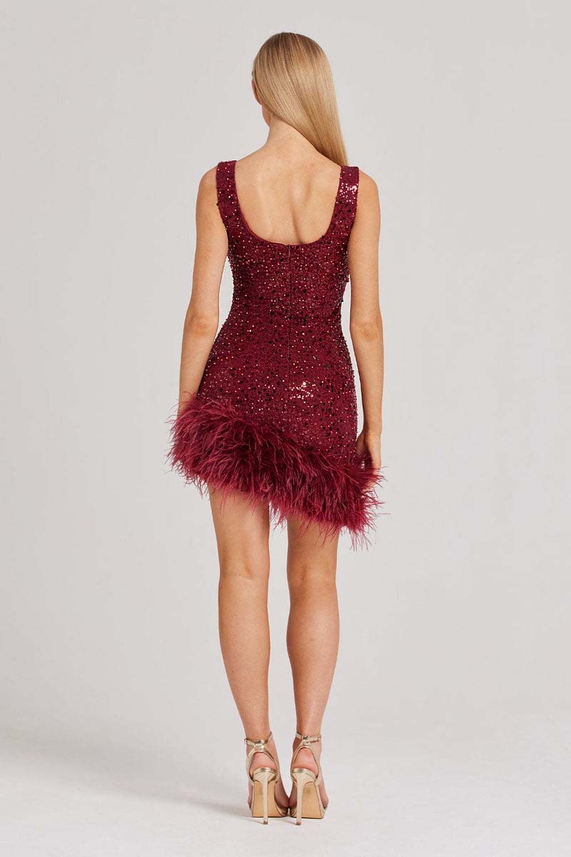H5497 - Scoop Sleeveless Sequined Feather Sheath Mini Homecoming Dress