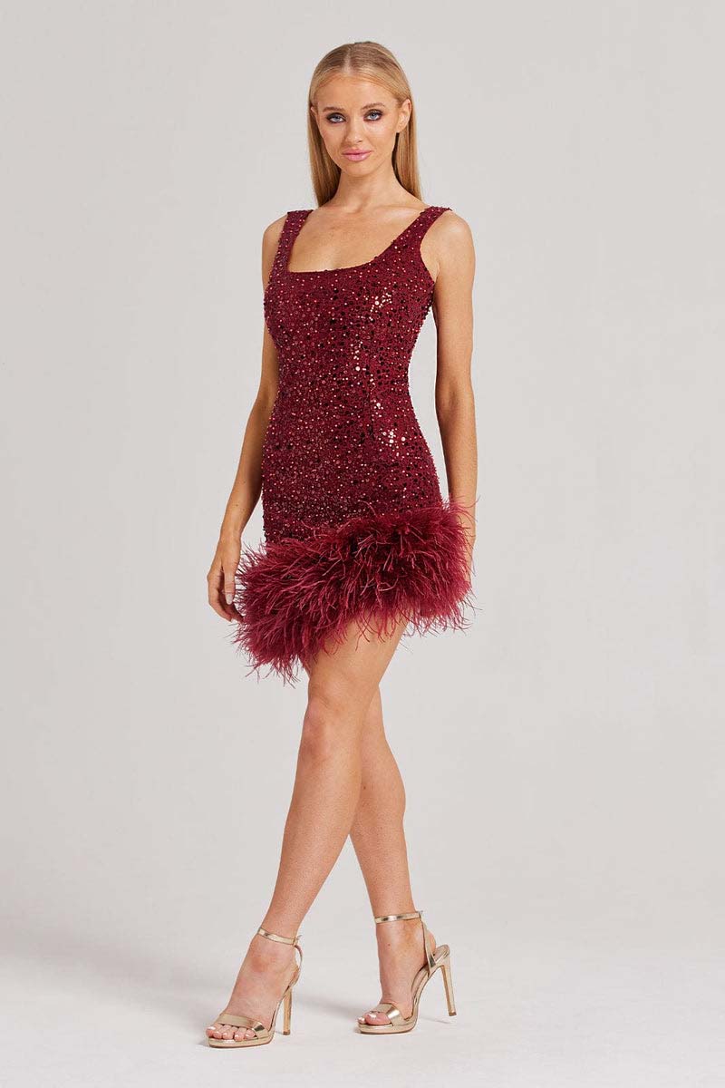 H5497 - Scoop Sleeveless Sequined Feather Sheath Mini Homecoming Dress