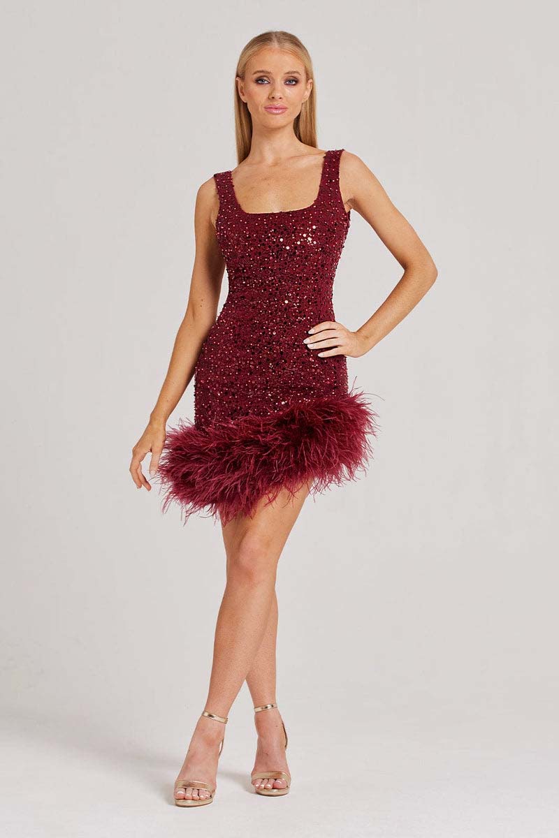 H5497 - Scoop Sleeveless Sequined Feather Sheath Mini Homecoming Dress