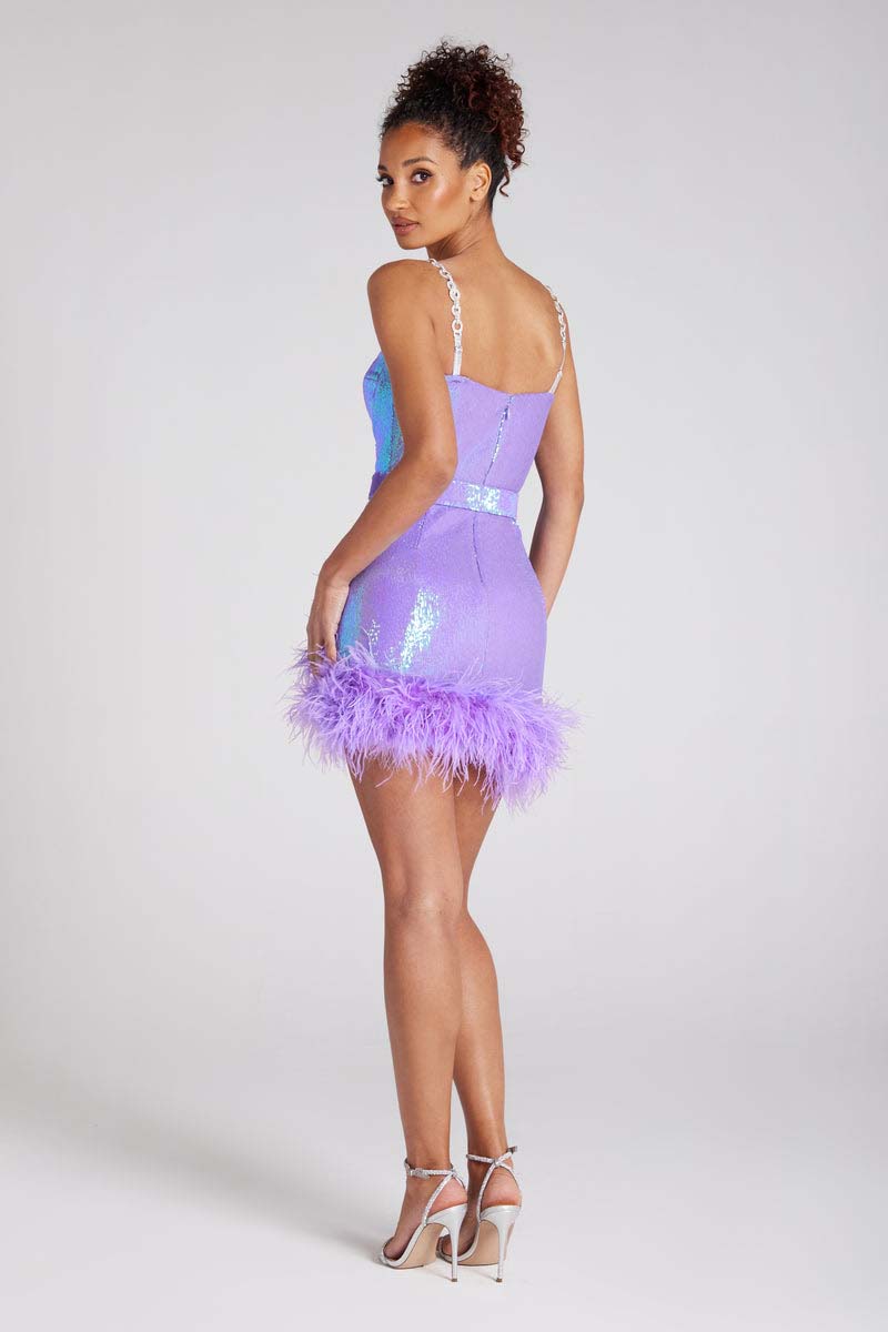 H5499 - Sweetheart Beaded Feather Sequined Sheath Mini Homecoming Dress
