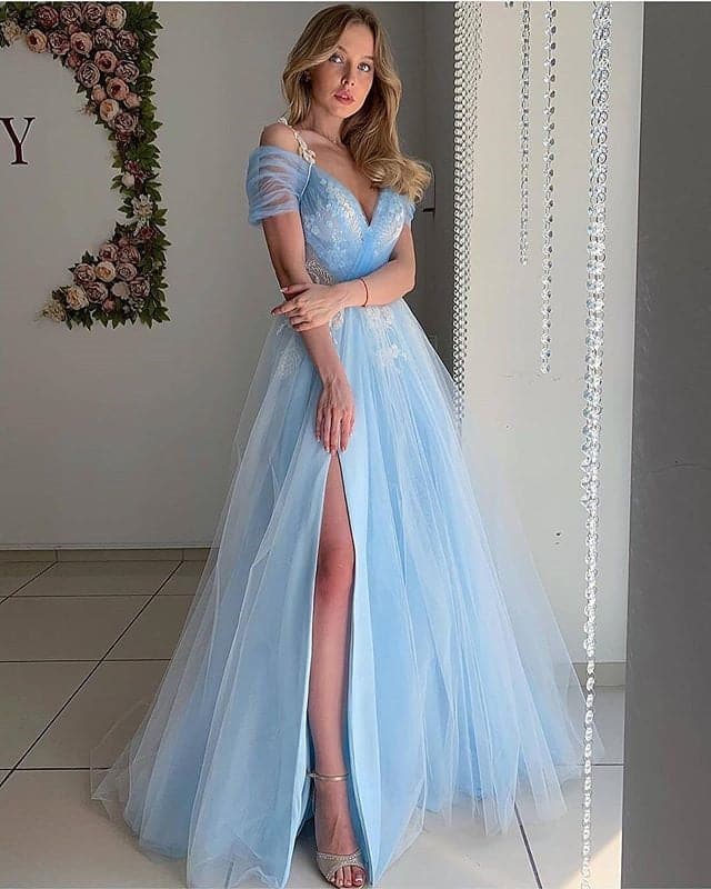 Off Shoulder V-Neck Lace Tulle High Split A-Line Prom Gown