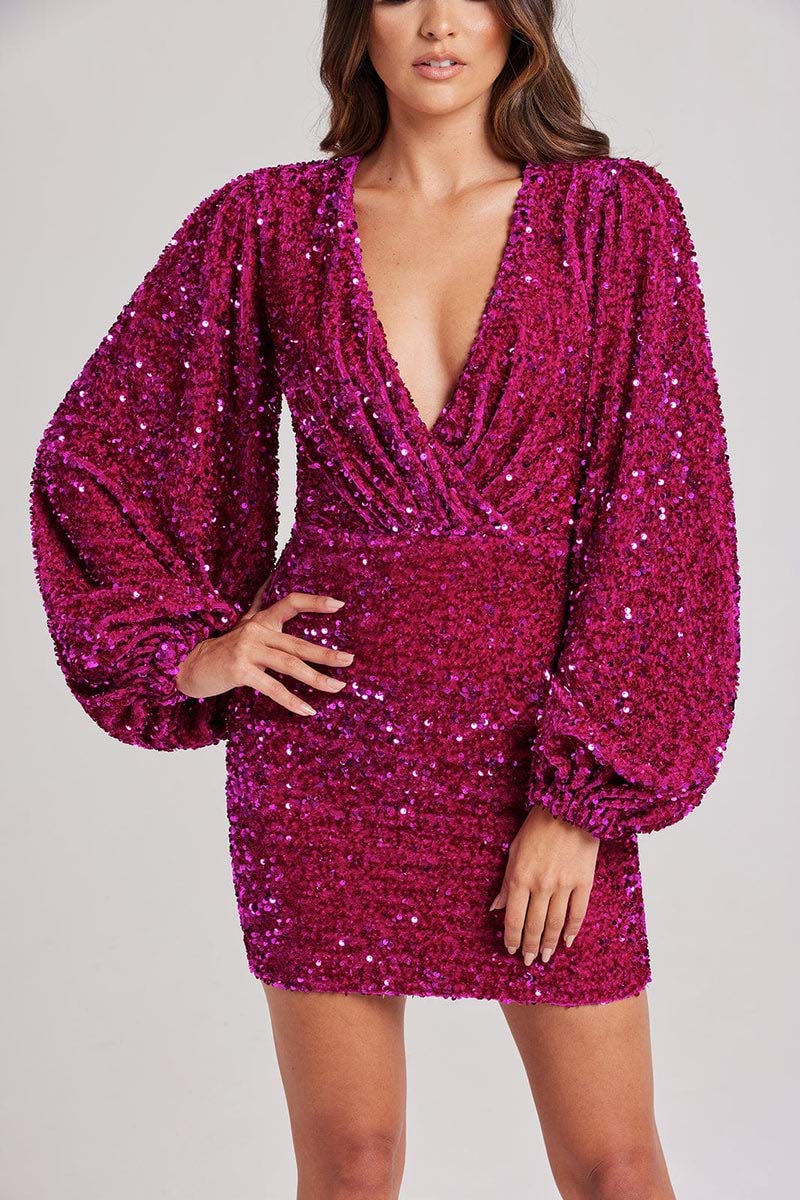 H5503 -  Simple V-Neck Long Sleeves Sequined Sheath Mini Homecoming Dress