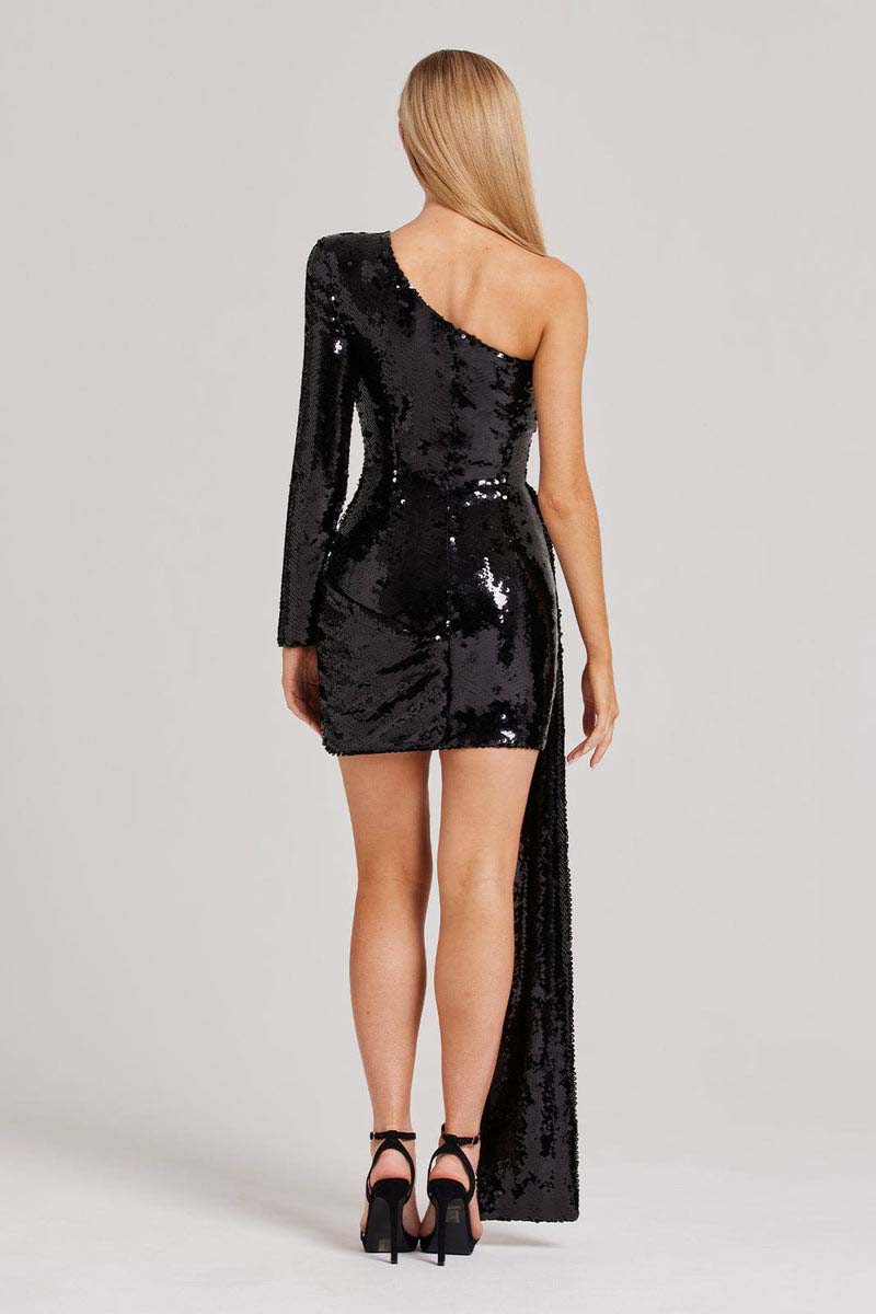 H5505 - One Shoulder Long Sleeves Ruched Sequined Sheath Mini Homecoming Dress