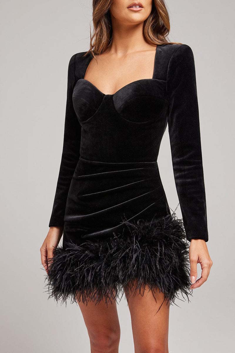 H5506 - Sweetheart Long Sleeves Velvet Feather Sheath Mini Homecoming Dress