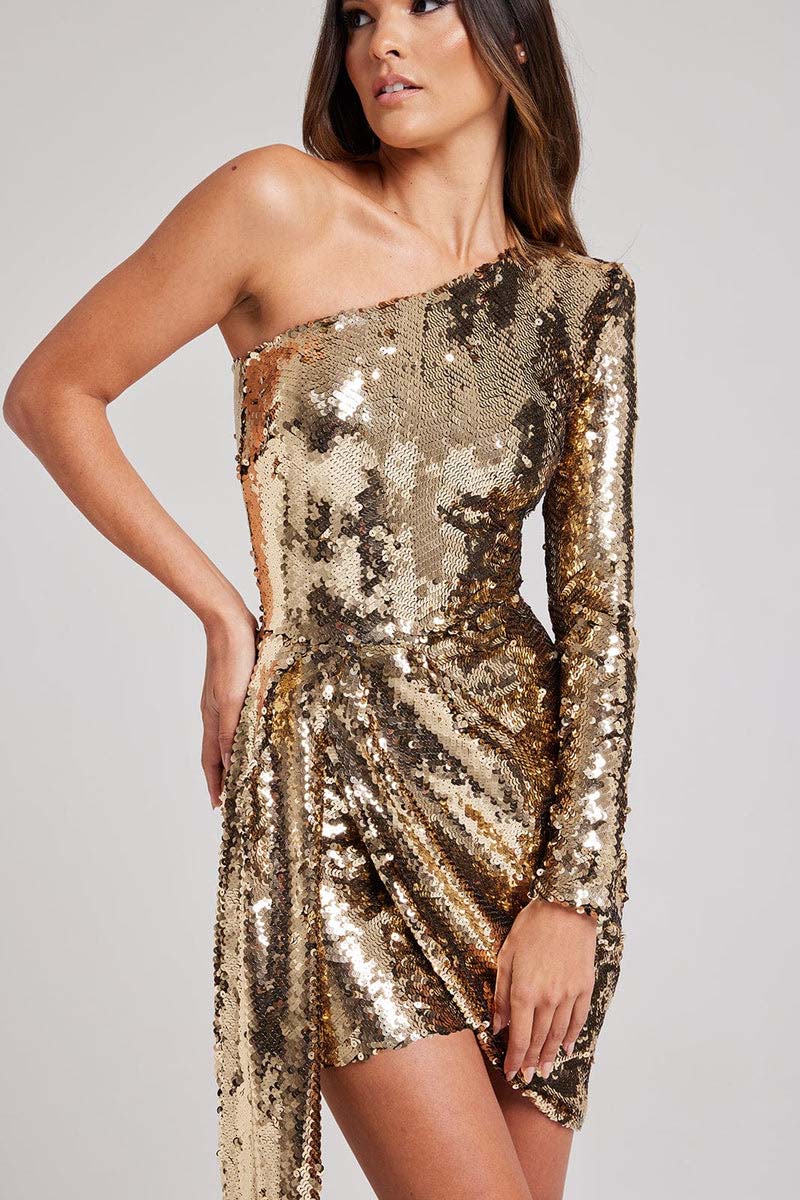 H5507 - One Shoulder Long Sleeves Ruched Sequined Sheath Mini Homecoming Dress