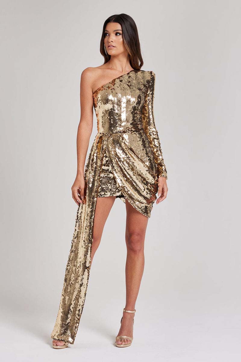 H5507 - One Shoulder Long Sleeves Ruched Sequined Sheath Mini Homecoming Dress
