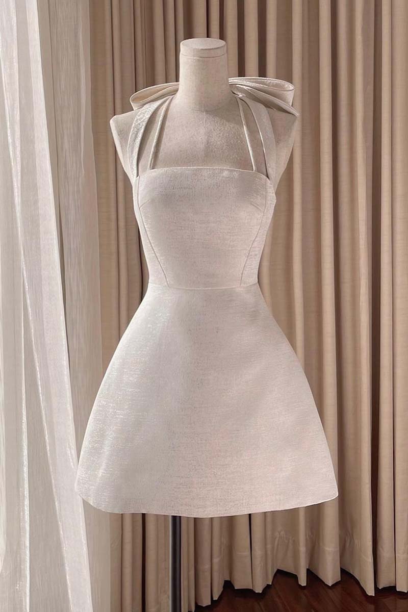 H5510 - Square Neck Halter Sleeveless Satin A-Line Mini Homecoming Dress With Bow