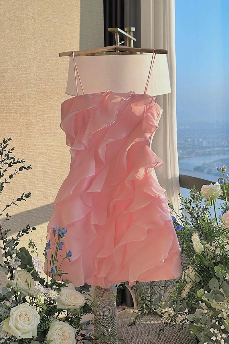 H5522 - Spaghetti Straps Sleeveless Ruffles Tulle Sheath Mini Homecoming Dress