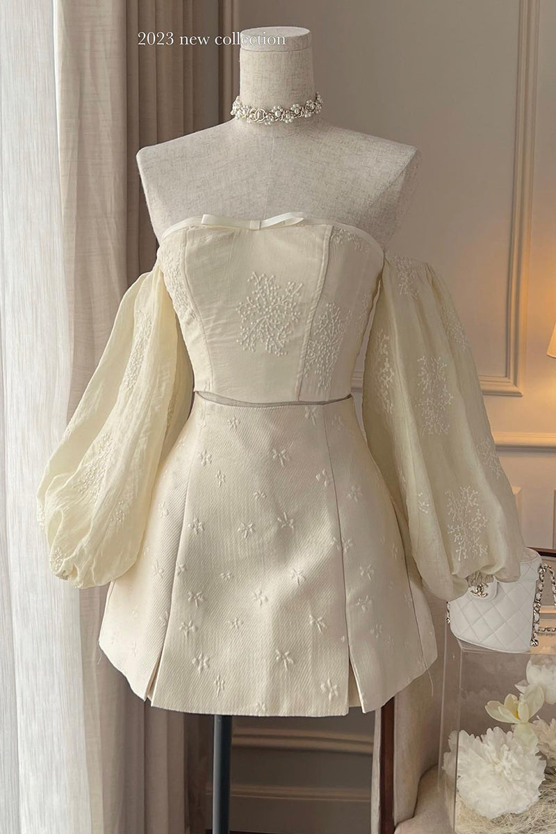 H5533 - Two Piece Off-Shoulder Long Sleeves Satin A-Line Mini Homecoming Dress