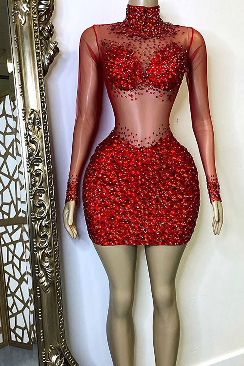 H5551 - High Neck Long Sleeves Beaded Sheer Tulle Sheath Mini Homecoming Dress
