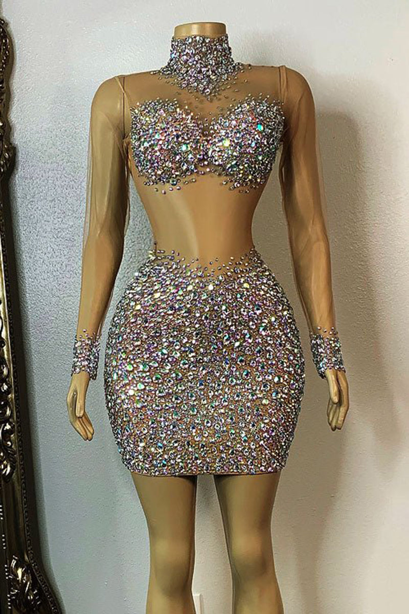H5552 - High Neck Long Sleeves Beaded Sheer Tulle Sheath Mini Homecoming Dress