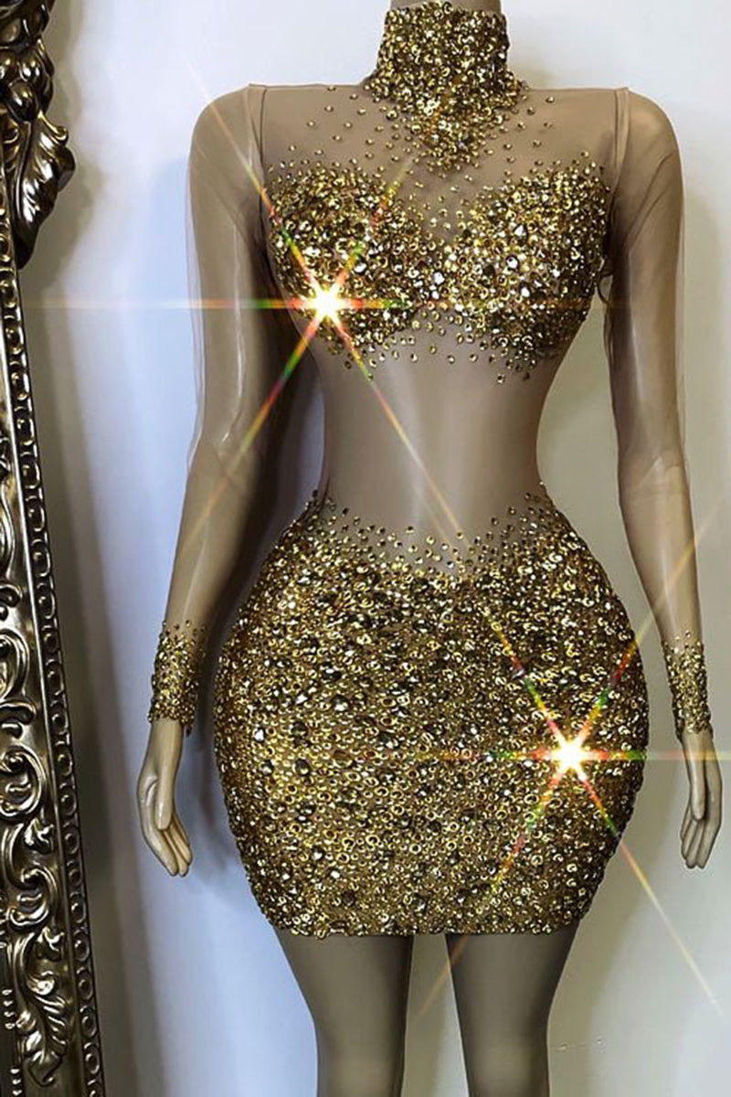 H5553 - High Neck Long Sleeves Beaded Sheer Tulle Sheath Mini Homecoming Dress