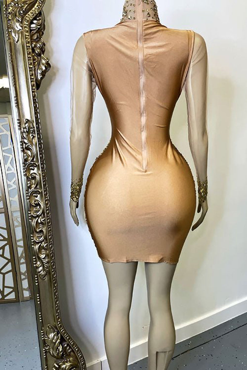 H5553 - High Neck Long Sleeves Beaded Sheer Tulle Sheath Mini Homecoming Dress