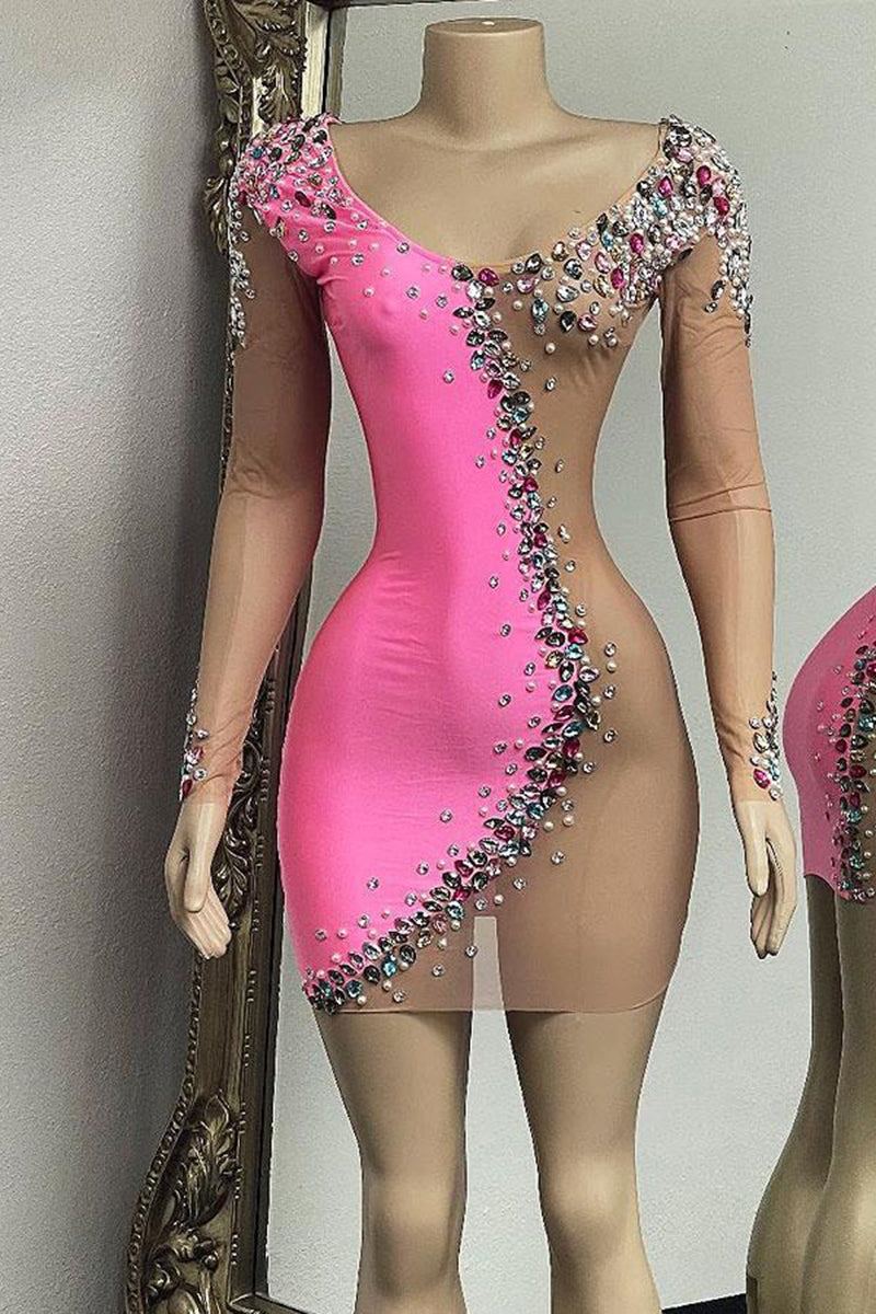 H5554 - V-Neck Long Sleeves Beaded Sheer Tulle Satin Sheath Mini Homecoming Dress