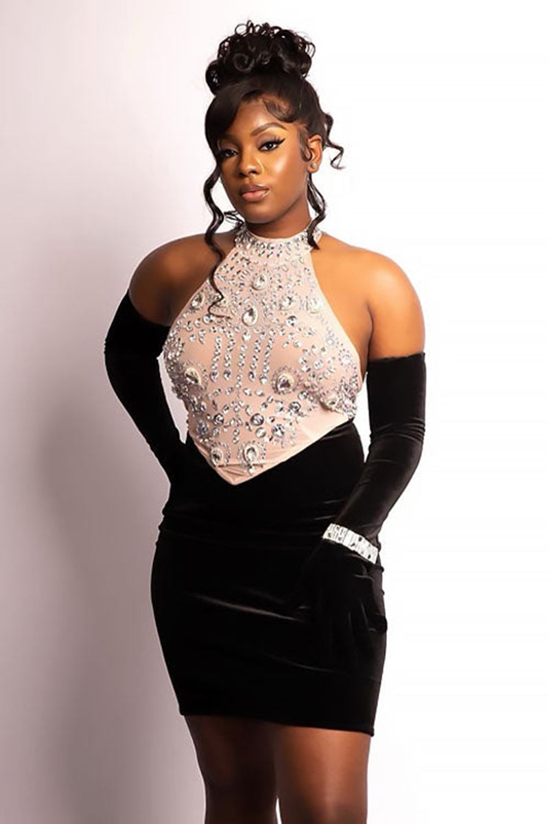 H5556 - Halter Sleeveless Beaded Sheer Tulle Velvet Sheath Mini Homecoming Dress