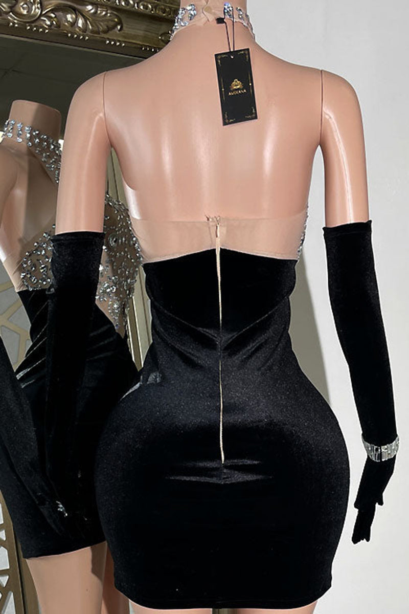H5556 - Halter Sleeveless Beaded Sheer Tulle Velvet Sheath Mini Homecoming Dress