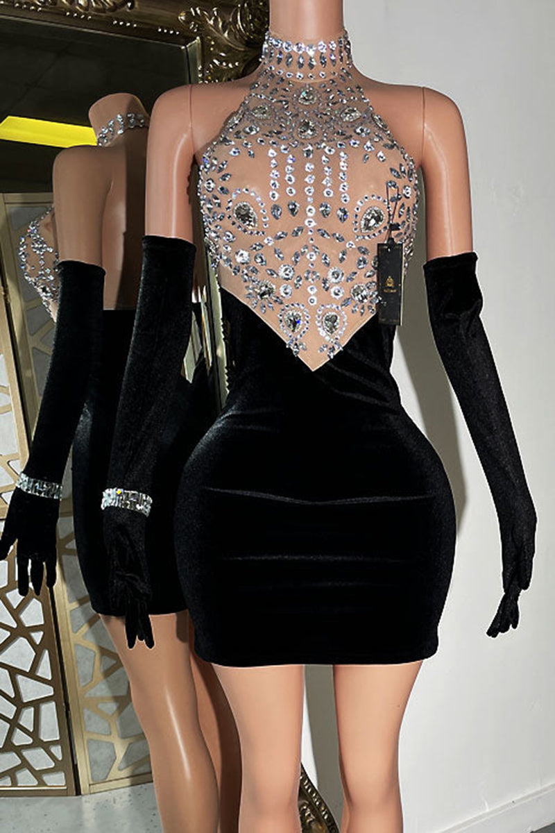 H5556 - Halter Sleeveless Beaded Sheer Tulle Velvet Sheath Mini Homecoming Dress