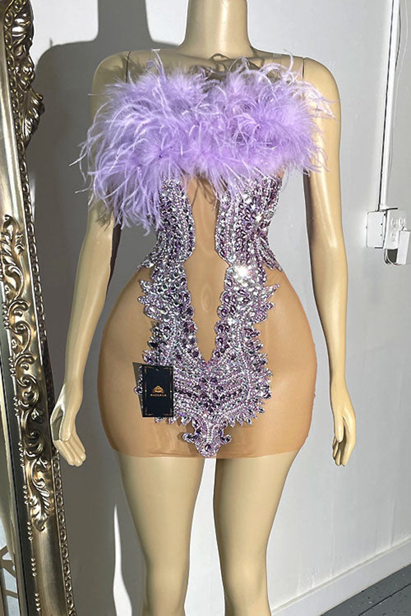 H5558 - Strapless Beaded Sheer Cut Outs Tulle Feather Sheath Mini Homecoming Dress