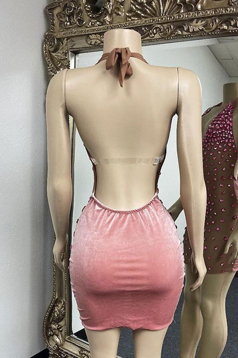H5559 - Halter Sleeveless Beaded Sheer Tulle Velvet Sheath Mini Homecoming Dress