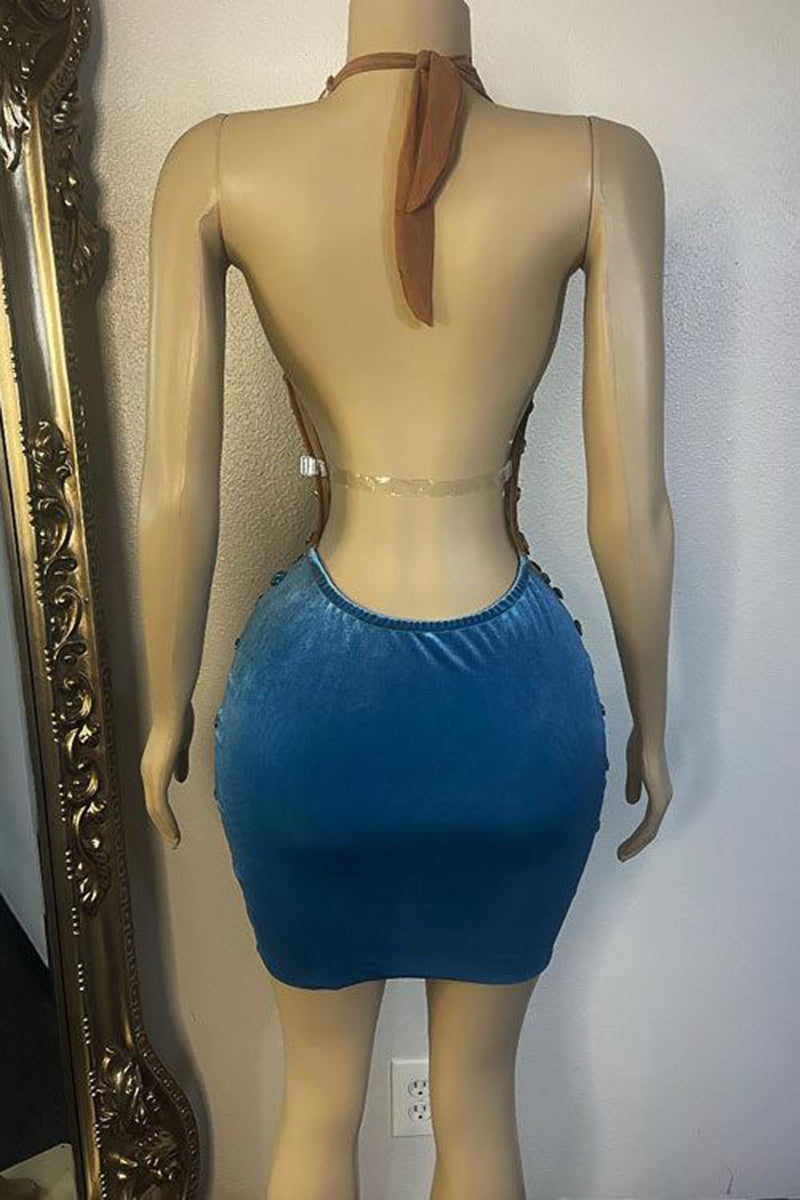 H5560 - Halter Sleeveless Beaded Sheer Tulle Velvet Sheath Mini Homecoming Dress