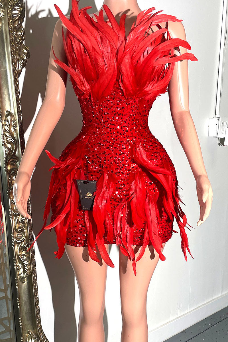 H5561 - Strapless Sleeveless Beaded Sequined Feather Sheath Mini Homecoming Dress