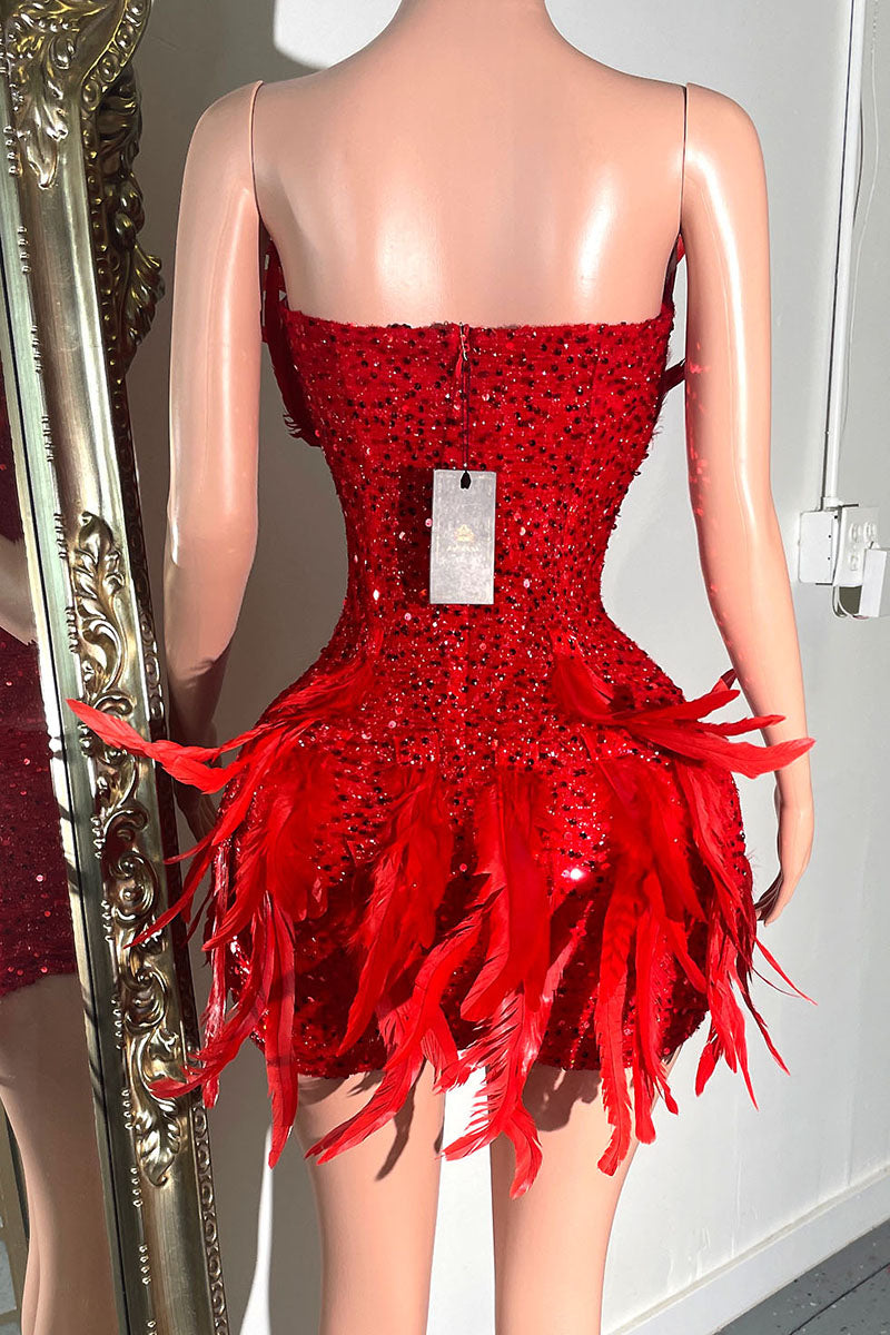 H5561 - Strapless Sleeveless Beaded Sequined Feather Sheath Mini Homecoming Dress