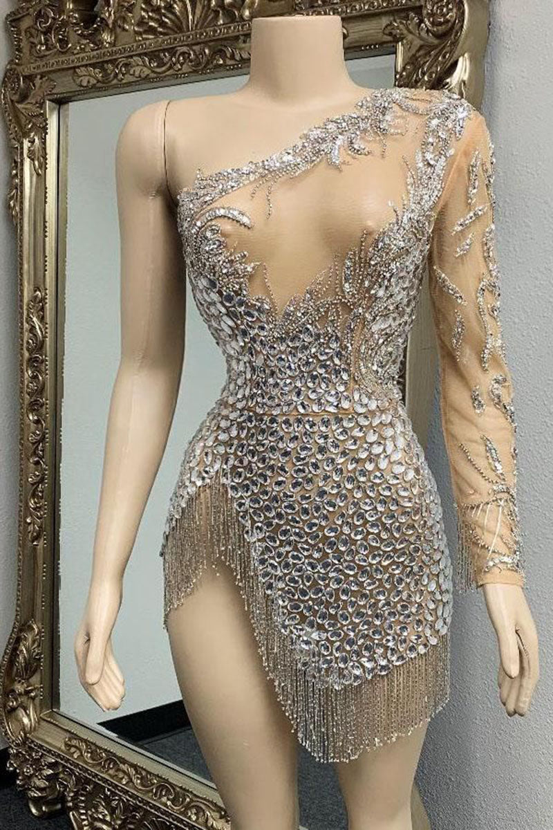 H5563 - One Shoulder Long Sleeves Beaded Cut Outs Sheath Mini Homecoming Dress