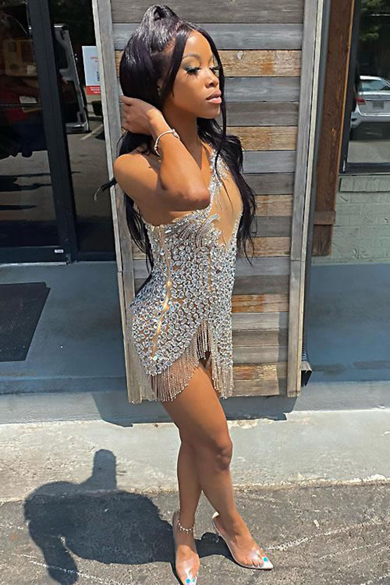 H5563 - One Shoulder Long Sleeves Beaded Cut Outs Sheath Mini Homecoming Dress