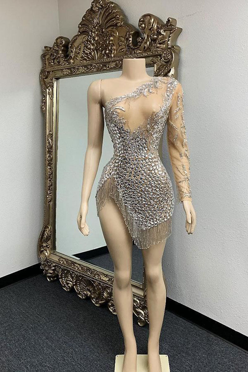 H5563 - One Shoulder Long Sleeves Beaded Cut Outs Sheath Mini Homecoming Dress