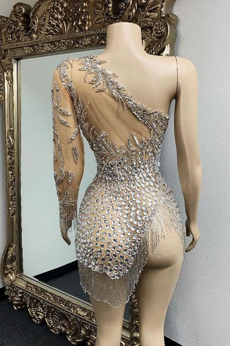 H5563 - One Shoulder Long Sleeves Beaded Cut Outs Sheath Mini Homecoming Dress