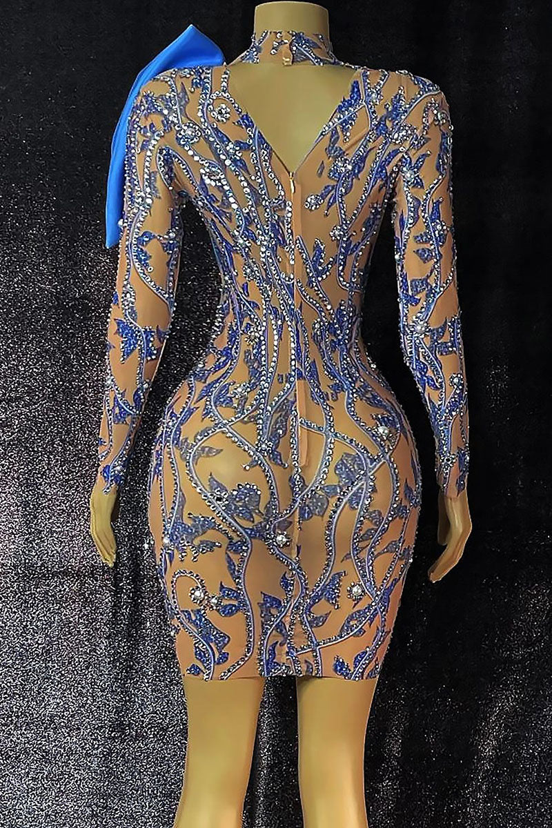 H5564 - High Neck Long Sleeves Beaded Sheer Tulle Sheath Mini Homecoming Dress