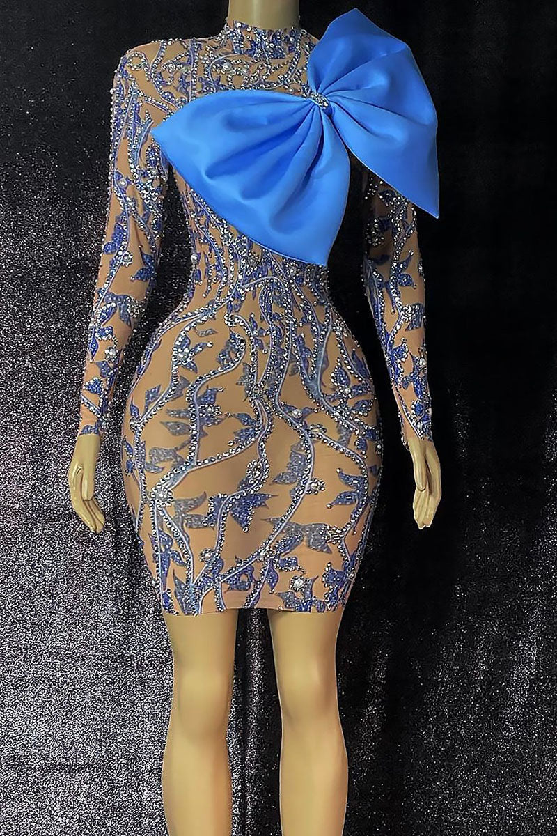 H5564 - High Neck Long Sleeves Beaded Sheer Tulle Sheath Mini Homecoming Dress