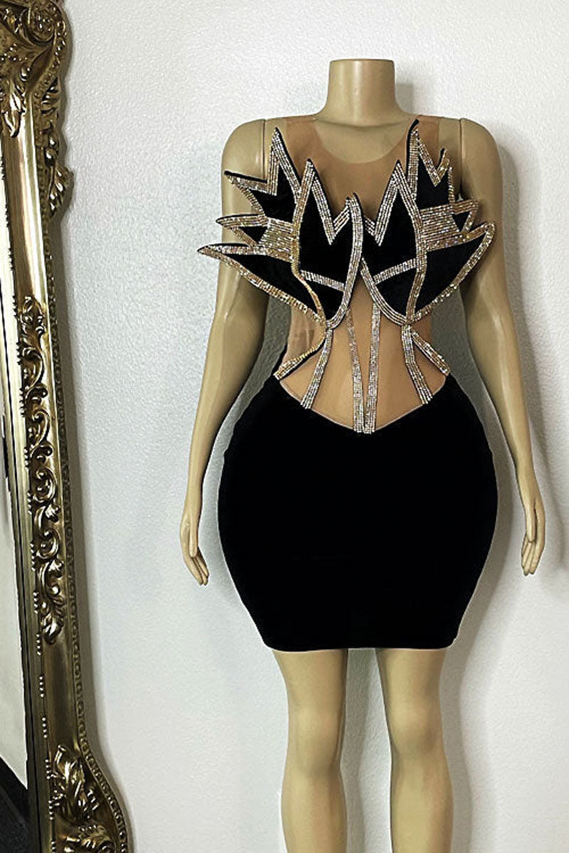H5565 - Scoop Sheer Tulle Beaded Cut Outs Satin Sheath Mini Homecoming Dress