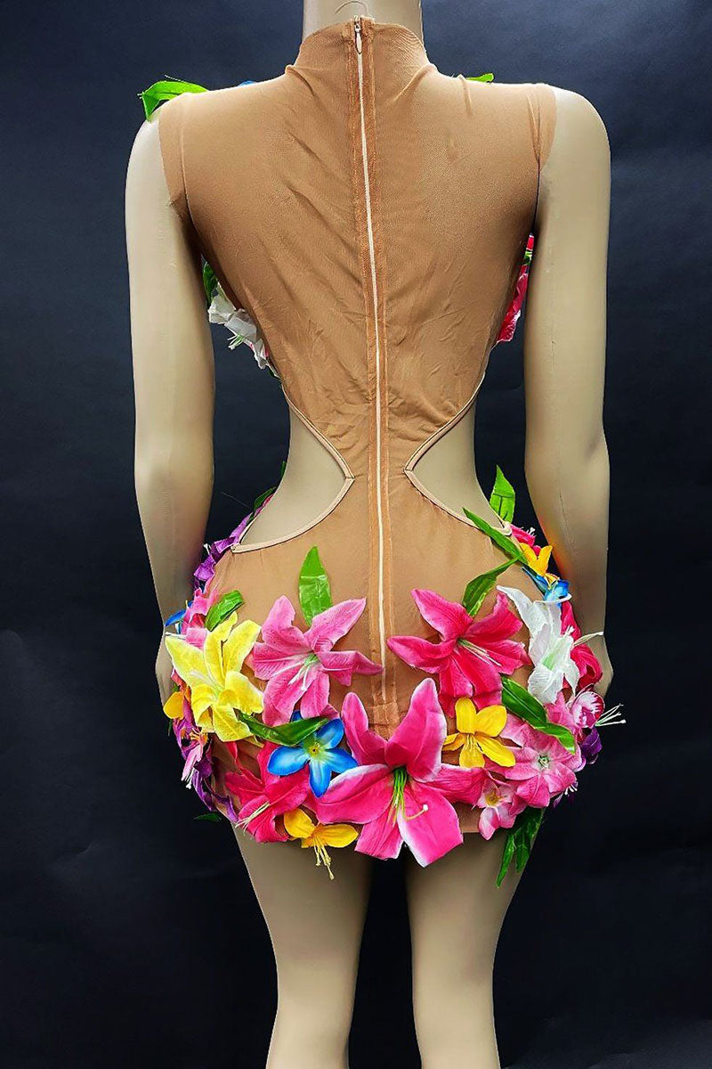 H5566 - Scoop Floral Appliqued Cut Outs Sheer Tulle Sheath Mini Homecoming Dress