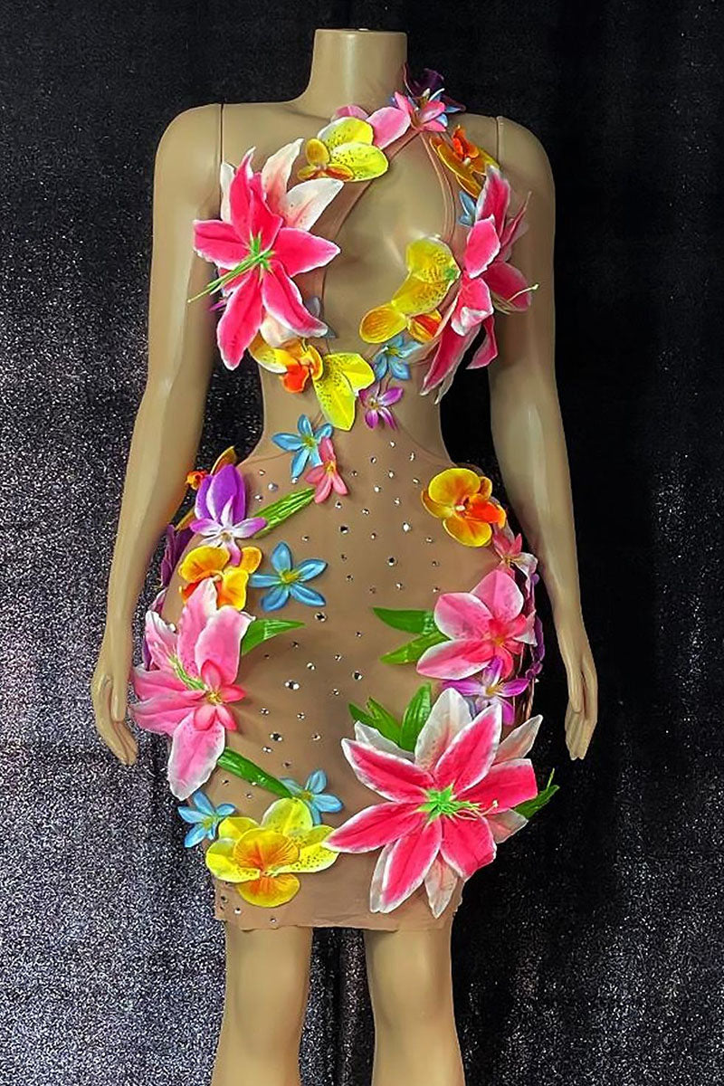 H5567 - One Shoulder Floral Appliqued Sheer Tulle Sheath Mini Homecoming Dress