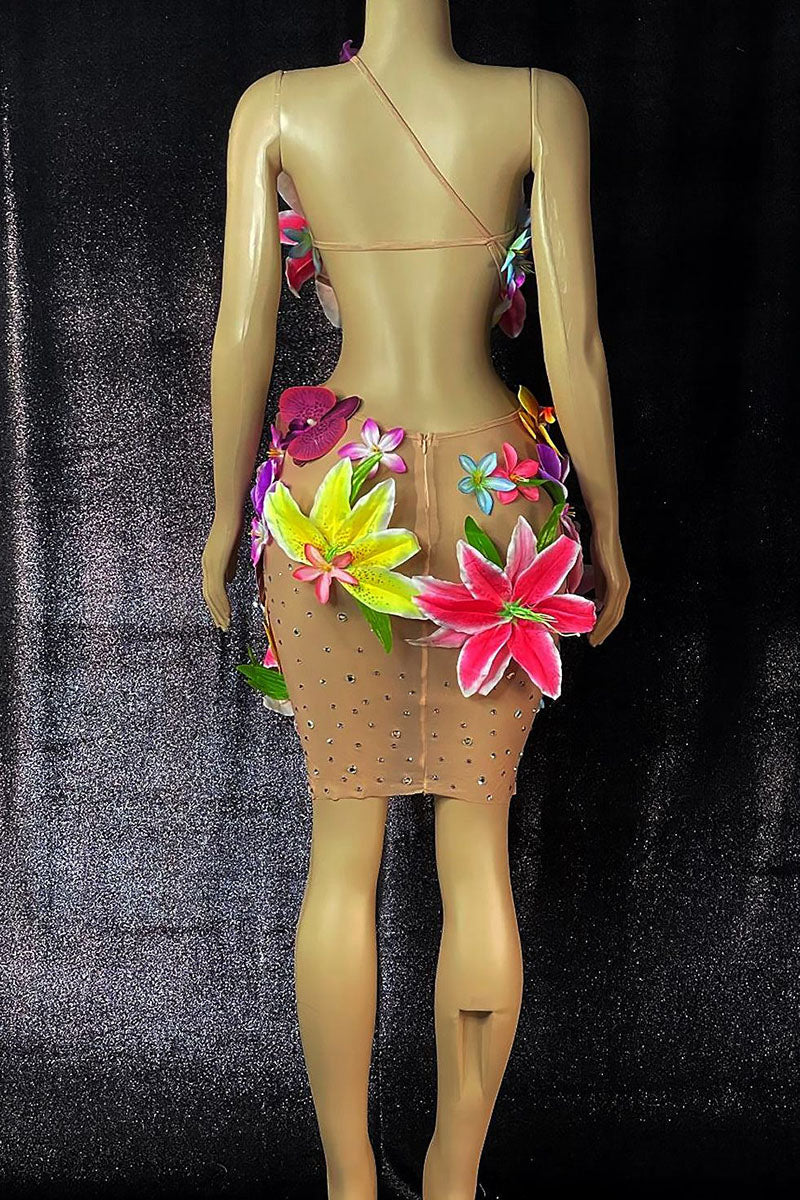 H5567 - One Shoulder Floral Appliqued Sheer Tulle Sheath Mini Homecoming Dress