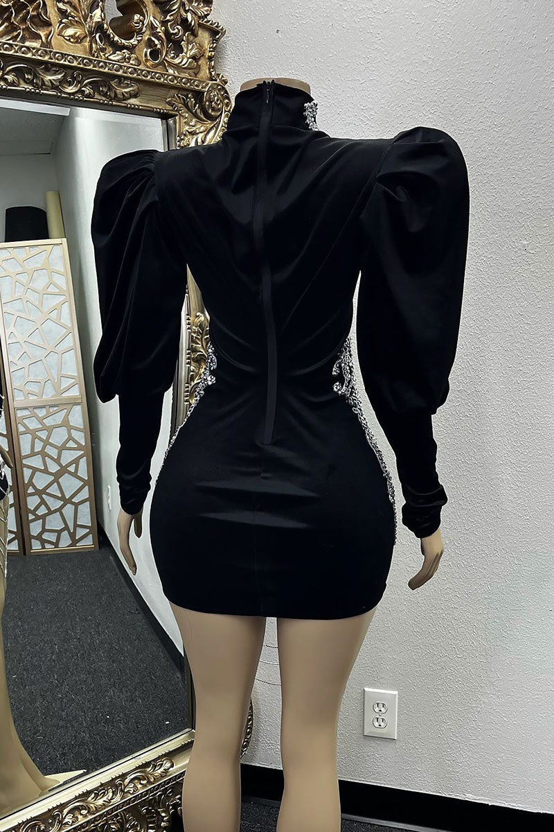 H5572 - High Neck Long Sleeves Beaded Velvet Sheath Mini Homecoming Dress