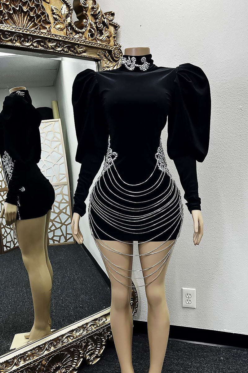 H5572 - High Neck Long Sleeves Beaded Velvet Sheath Mini Homecoming Dress