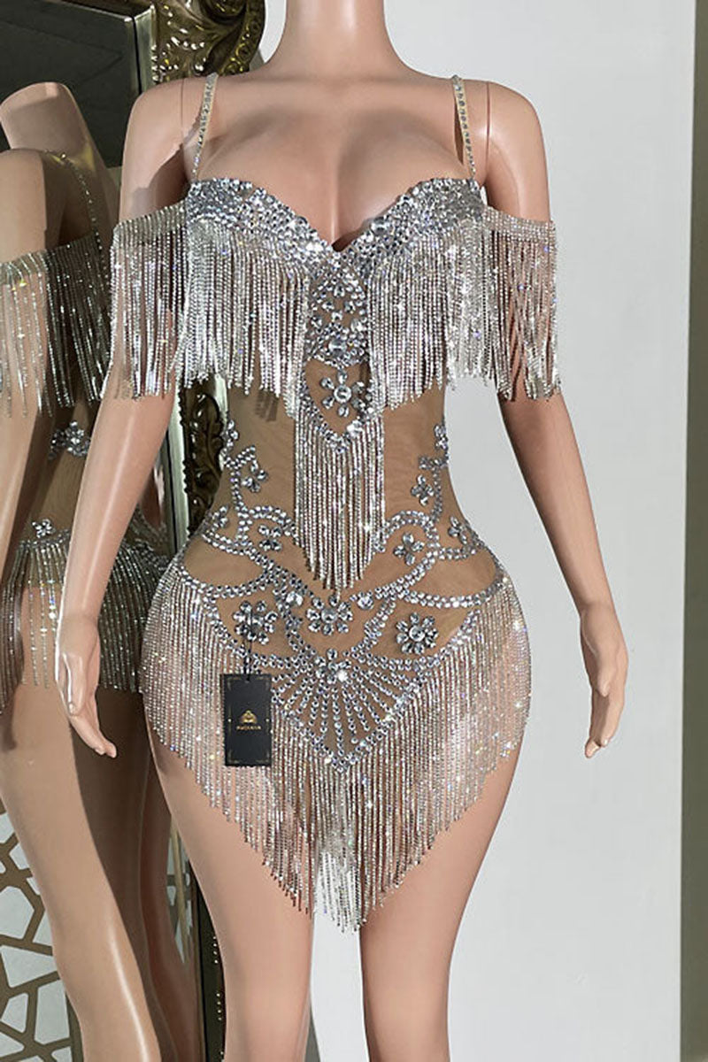 H5573 - V-Neck Spaghetti Straps Beaded Sheer Tulle Sheath Mini Homecoming Dress