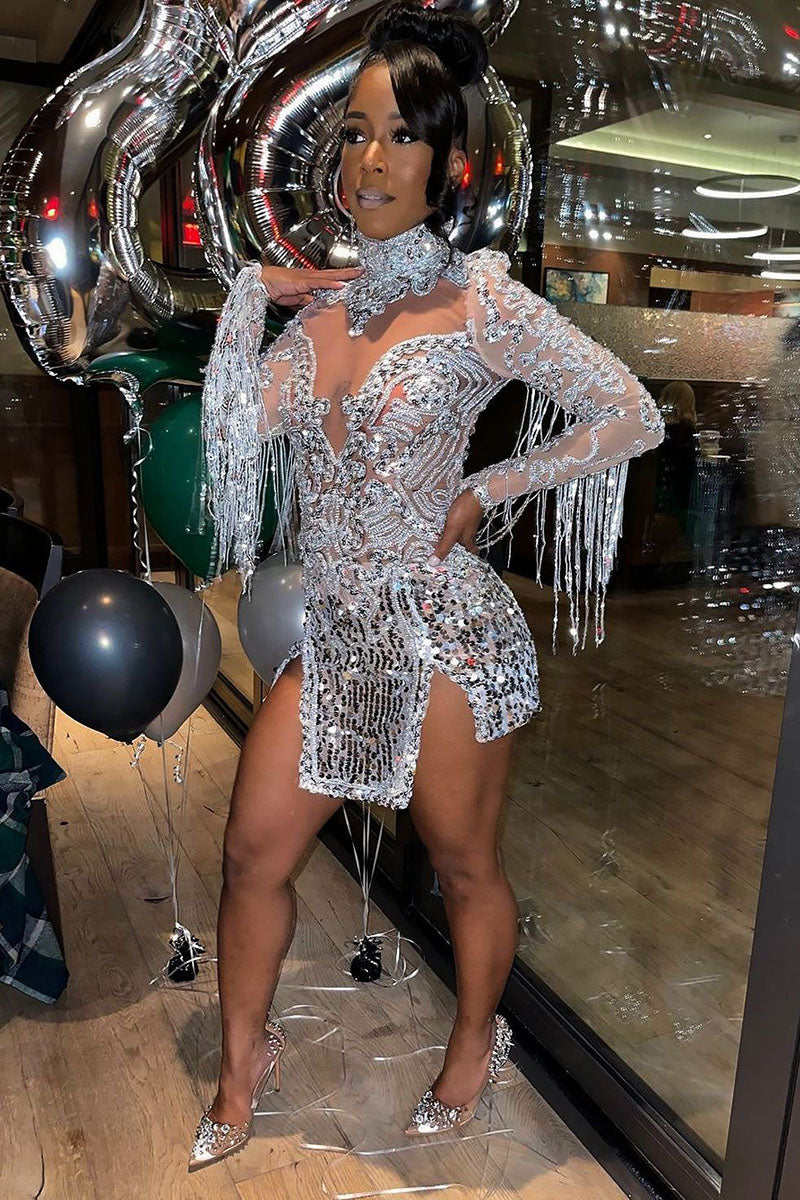 H5574 - High Neck Long Sleeves Beaded Cut Outs Tulle Sheath Mini Homecoming Dress
