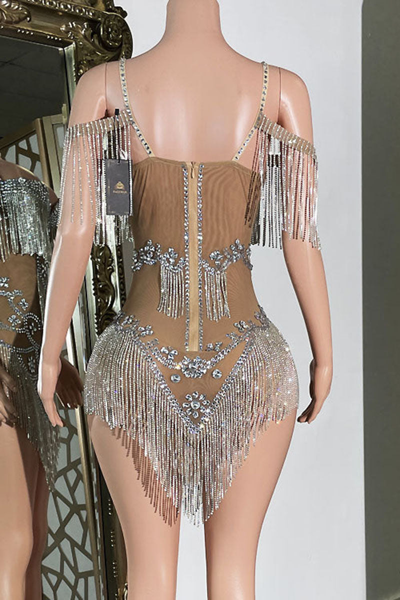 H5573 - V-Neck Spaghetti Straps Beaded Sheer Tulle Sheath Mini Homecoming Dress