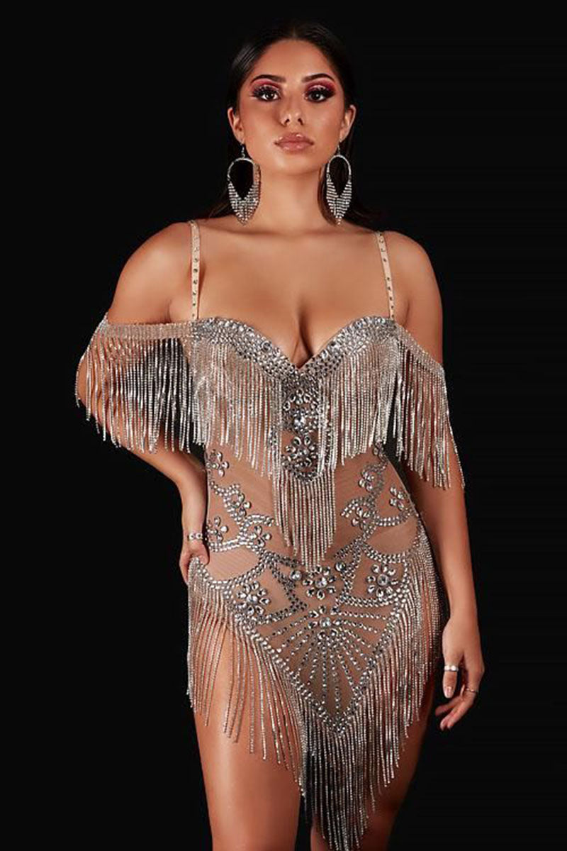 H5573 - V-Neck Spaghetti Straps Beaded Sheer Tulle Sheath Mini Homecoming Dress